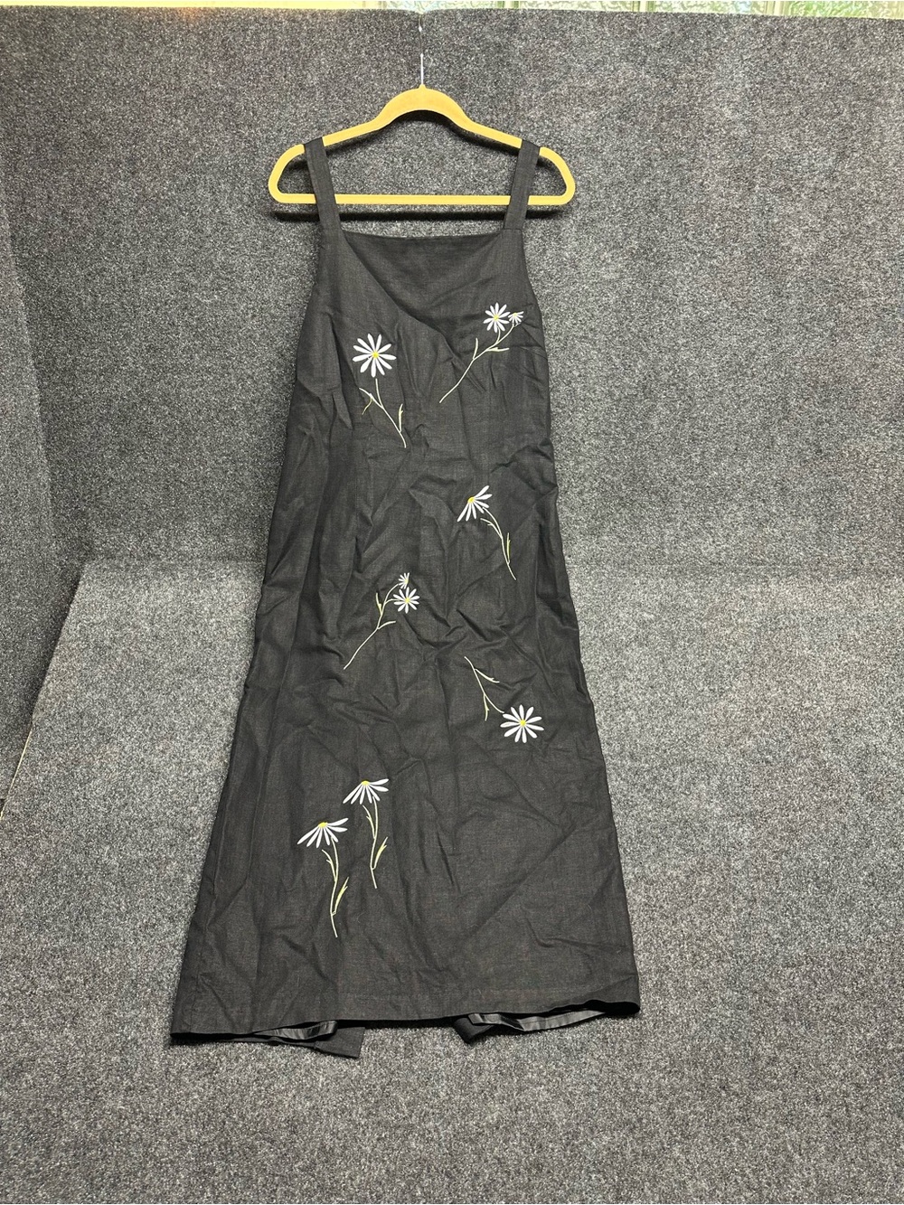 Ultra Dress Maxi 12 Black Linen Daisy Embroidered Square Neck Vintage Style